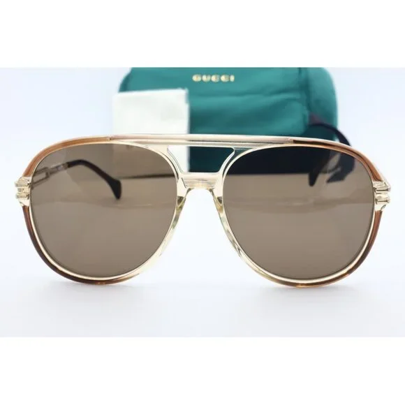 Gucci GG 1104S 002 Aviator Pilot Brown and Gold Sunglasses Brown Lenses NEW - Picture 2 of 6